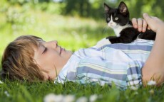 Young boy laying in grass with black and white cat